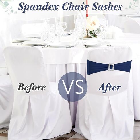 CHENGU 50 Pcs Spandex Chair Sashes with Square Buckle Slider Stretch Chair Cover Band Universal Elastic Chair Ties Chair Straps Bows for Wedding Banquet Event Party Decoration(Lake Blue) in Kuwait