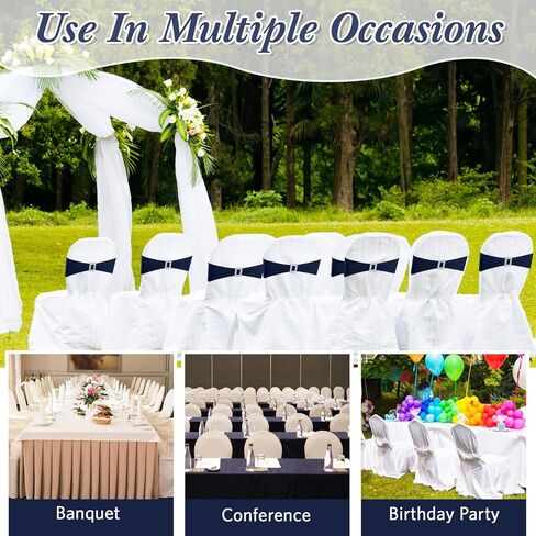 CHENGU 50 Pcs Spandex Chair Sashes with Square Buckle Slider Stretch Chair Cover Band Universal Elastic Chair Ties Chair Straps Bows for Wedding Banquet Event Party Decoration(Lake Blue) in Kuwait