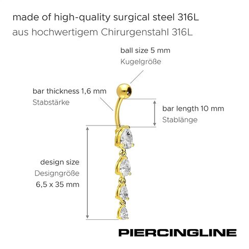 PIERCINGLINE Belly Button Piercing 4 CRYSTAL DROPS surgical steel, skin-friendly in Saudi Arabia