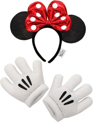 Minnie Glitter Headband and Gloves Set - Velvet Bow, Glitter Ears, and Foam Gloves, Officially Licensed in Saudi Arabia