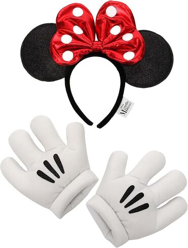 Minnie Glitter Headband and Gloves Set - Velvet Bow, Glitter Ears, and Foam Gloves, Officially Licensed in Saudi Arabia