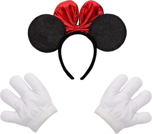 Minnie Glitter Headband and Gloves Set - Velvet Bow, Glitter Ears, and Foam Gloves, Officially Licensed in Saudi Arabia