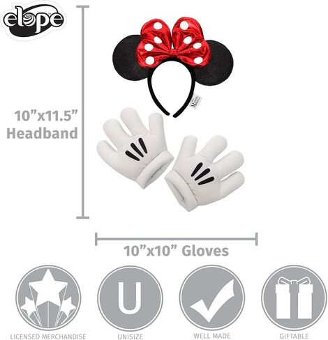 Minnie Glitter Headband and Gloves Set - Velvet Bow, Glitter Ears, and Foam Gloves, Officially Licensed in Saudi Arabia