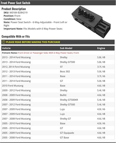 Front Power Seat Switch - 6-Way Adjustable - Compatible with 2005-2014 Ford Mustang in Saudi Arabia