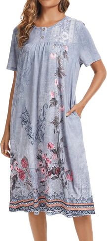 Womens Floral Nightgown Loose Fit Housedress Short Sleeve Sleep Dress with Pockets in Saudi Arabia