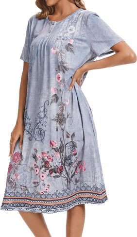 Womens Floral Nightgown Loose Fit Housedress Short Sleeve Sleep Dress with Pockets in Saudi Arabia