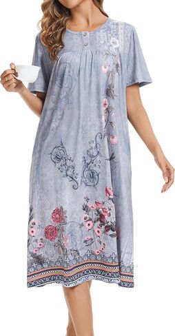 Womens Floral Nightgown Loose Fit Housedress Short Sleeve Sleep Dress with Pockets in Saudi Arabia