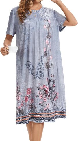 Womens Floral Nightgown Loose Fit Housedress Short Sleeve Sleep Dress with Pockets in Saudi Arabia