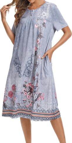 Womens Floral Nightgown Loose Fit Housedress Short Sleeve Sleep Dress with Pockets in Saudi Arabia