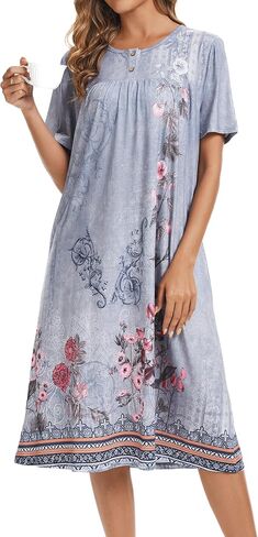 Womens Floral Nightgown Loose Fit Housedress Short Sleeve Sleep Dress with Pockets in Saudi Arabia