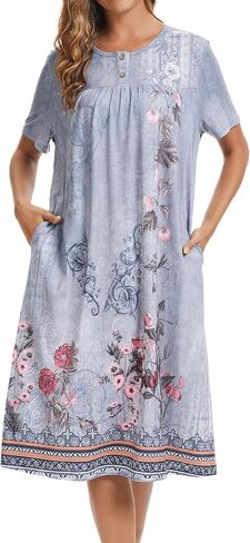 Womens Floral Nightgown Loose Fit Housedress Short Sleeve Sleep Dress with Pockets in Saudi Arabia