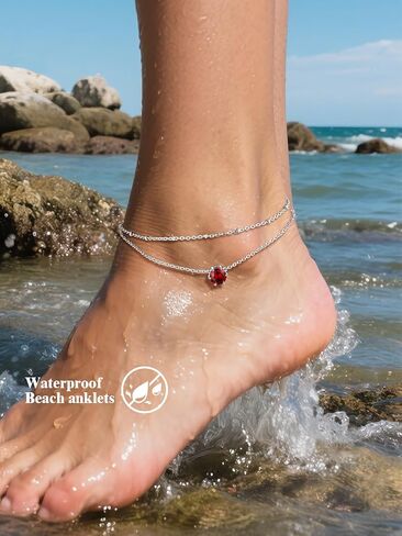 U7 Silver Ankle Bracelet for Women, Waterproof Layered Ankle Round Gem Birthstone Anklets, Summer Beach Foot Jewelry, Adjustable 8.5"-10.5" in Saudi Arabia