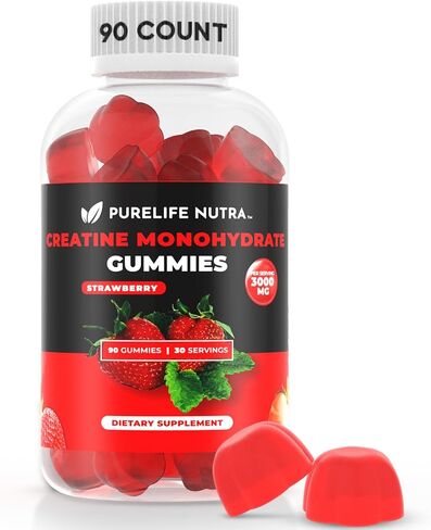 Creatine Monohydrate Gummies - Boost Strength & Focus, 3g serving, Sugar-free, 90 Count, Natural Strawberry flavored Creatine Gummies for Men & Women, Vegan, Gluten Free, Non Bloating, Halal in Saudi Arabia
