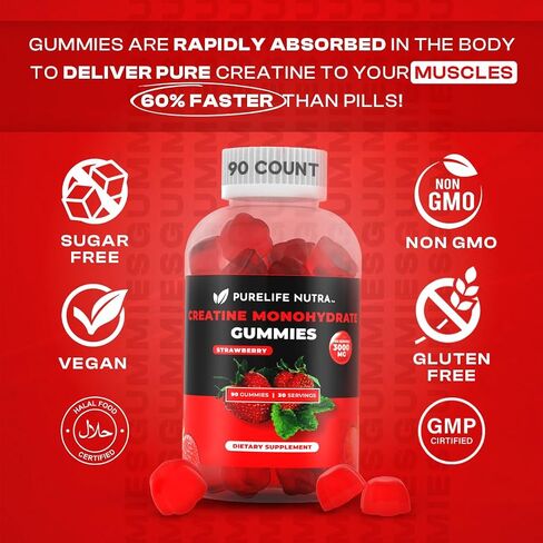 Creatine Monohydrate Gummies - Boost Strength & Focus, 3g serving, Sugar-free, 90 Count, Natural Strawberry flavored Creatine Gummies for Men & Women, Vegan, Gluten Free, Non Bloating, Halal in Saudi Arabia