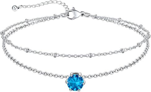 U7 Silver Ankle Bracelet for Women, Waterproof Layered Ankle Round Gem Birthstone Anklets, Summer Beach Foot Jewelry, Adjustable 8.5"-10.5" in Saudi Arabia