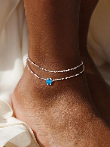 U7 Silver Ankle Bracelet for Women, Waterproof Layered Ankle Round Gem Birthstone Anklets, Summer Beach Foot Jewelry, Adjustable 8.5"-10.5" in Saudi Arabia