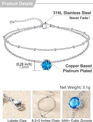 U7 Silver Ankle Bracelet for Women, Waterproof Layered Ankle Round Gem Birthstone Anklets, Summer Beach Foot Jewelry, Adjustable 8.5"-10.5" in Saudi Arabia