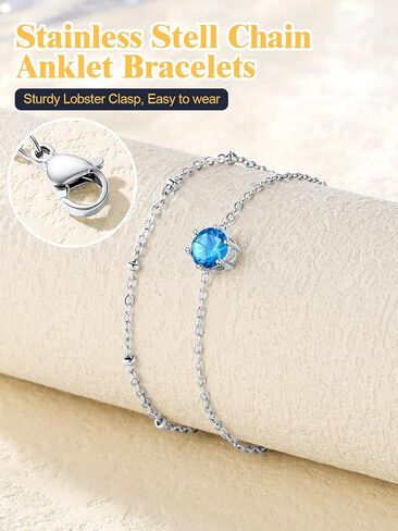 U7 Silver Ankle Bracelet for Women, Waterproof Layered Ankle Round Gem Birthstone Anklets, Summer Beach Foot Jewelry, Adjustable 8.5"-10.5" in Saudi Arabia