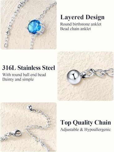 U7 Silver Ankle Bracelet for Women, Waterproof Layered Ankle Round Gem Birthstone Anklets, Summer Beach Foot Jewelry, Adjustable 8.5"-10.5" in Saudi Arabia