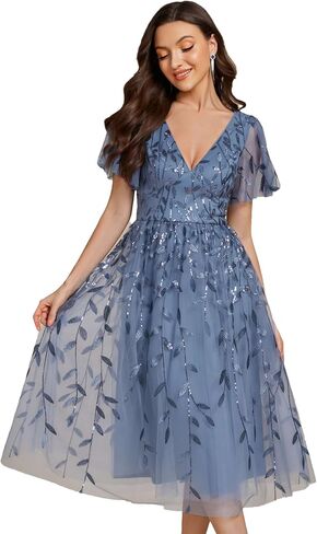 Ever-Pretty Women's Sequin Plus Size Cocktail Party Dress A-Line Midi Tulle Wedding Guest Dresses for Curvy Women in Kuwait