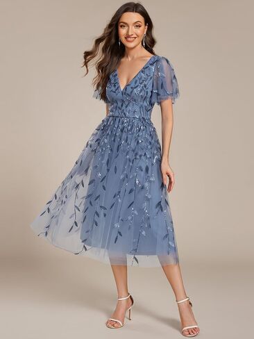 Ever-Pretty Women's Sequin Plus Size Cocktail Party Dress A-Line Midi Tulle Wedding Guest Dresses for Curvy Women in Kuwait