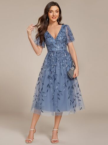 Ever-Pretty Women's Sequin Plus Size Cocktail Party Dress A-Line Midi Tulle Wedding Guest Dresses for Curvy Women in Kuwait