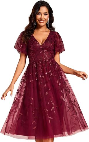 Ever-Pretty Women's Sequin Plus Size Cocktail Party Dress A-Line Midi Tulle Wedding Guest Dresses for Curvy Women in Kuwait