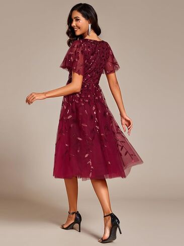 Ever-Pretty Women's Sequin Plus Size Cocktail Party Dress A-Line Midi Tulle Wedding Guest Dresses for Curvy Women in Kuwait