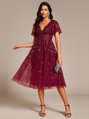 Ever-Pretty Women's Sequin Plus Size Cocktail Party Dress A-Line Midi Tulle Wedding Guest Dresses for Curvy Women in Kuwait