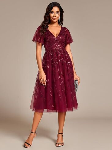 Ever-Pretty Women's Sequin Plus Size Cocktail Party Dress A-Line Midi Tulle Wedding Guest Dresses for Curvy Women in Kuwait