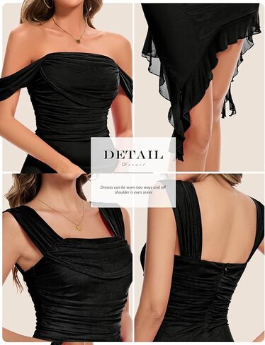 BeryLove Women’s Sexy Off Shoulder Mesh Midi Wedding Guest Dresses Ruched Bodycon Ruffled Cocktail Dress in Kuwait