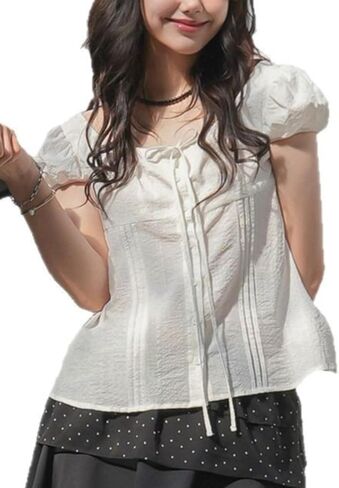 Button Blouse for Women Crop Summer Tops Scoop Neck Short Puff Sleeve with Bow Tie Front Slim Fit Cutecore Kawaii in Saudi Arabia
