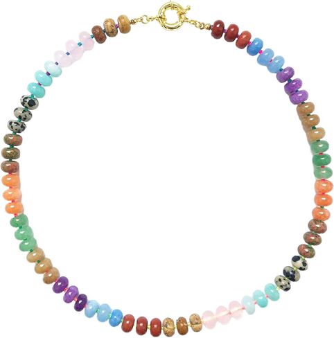 Beaded Gemstone Necklace for Women, Colorful Boho Bead Choker Natural Stone Surfer Beach Rainbow Color Bead 18K Gold Plated DIY Handmade Jewelry Charm Trendy Birthday Gifts in Saudi Arabia