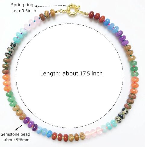Beaded Gemstone Necklace for Women, Colorful Boho Bead Choker Natural Stone Surfer Beach Rainbow Color Bead 18K Gold Plated DIY Handmade Jewelry Charm Trendy Birthday Gifts in Saudi Arabia