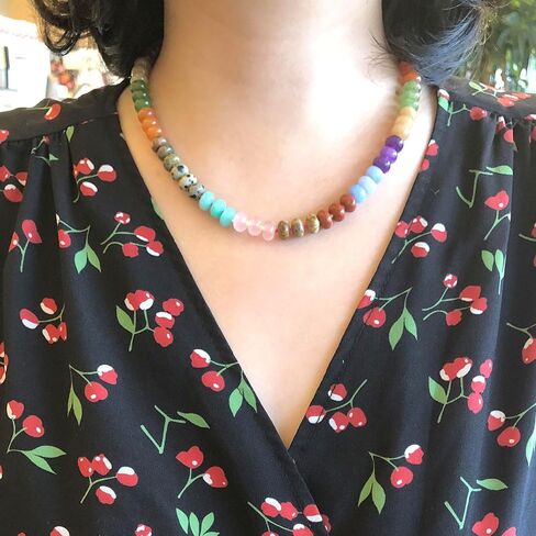 Beaded Gemstone Necklace for Women, Colorful Boho Bead Choker Natural Stone Surfer Beach Rainbow Color Bead 18K Gold Plated DIY Handmade Jewelry Charm Trendy Birthday Gifts in Saudi Arabia