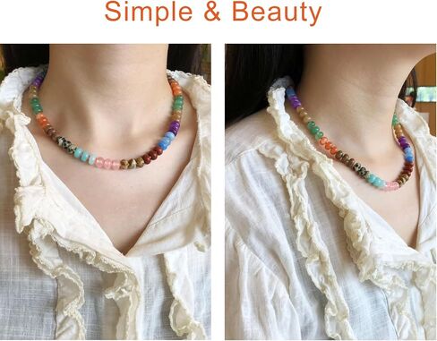 Beaded Gemstone Necklace for Women, Colorful Boho Bead Choker Natural Stone Surfer Beach Rainbow Color Bead 18K Gold Plated DIY Handmade Jewelry Charm Trendy Birthday Gifts in Saudi Arabia
