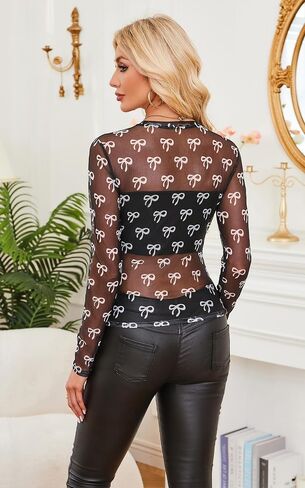 Ecowish Womens Mesh Long Sleeve Floral Tops Tops Club Sear من خلال القمصان المثيرة الخروج in Saudi Arabia