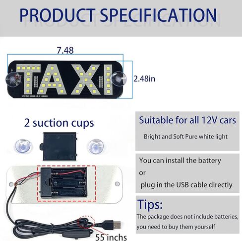 Taxi LED Light, White LED Sign for Car Windshield, USB Plug, Suction Cups in Kuwait