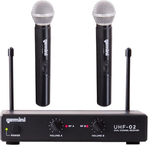 حزمة ميكروفون Gemini UHF اللاسلكي - ميكروفونات احترافية محمولة باليد وميكروفونات على شكل طية صدر السترة، جهاز استقبال ثنائي القناة، نطاق طويل للأداء المباشر والعروض التقديمية (ترددات محمولة باليد 3 + 4) in Kuwait
