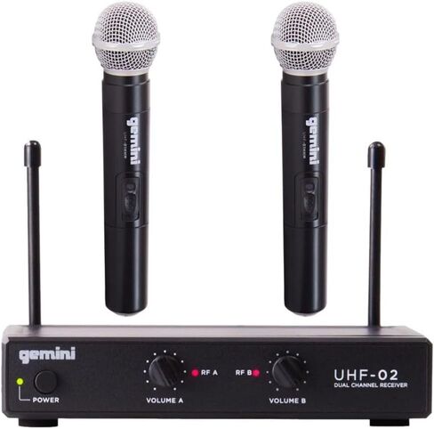 حزمة ميكروفون Gemini UHF اللاسلكي - ميكروفونات احترافية محمولة باليد وميكروفونات على شكل طية صدر السترة، جهاز استقبال ثنائي القناة، نطاق طويل للأداء المباشر والعروض التقديمية (ترددات محمولة باليد 3 + 4) in Kuwait