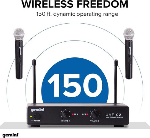حزمة ميكروفون Gemini UHF اللاسلكي - ميكروفونات احترافية محمولة باليد وميكروفونات على شكل طية صدر السترة، جهاز استقبال ثنائي القناة، نطاق طويل للأداء المباشر والعروض التقديمية (ترددات محمولة باليد 3 + 4) in Kuwait