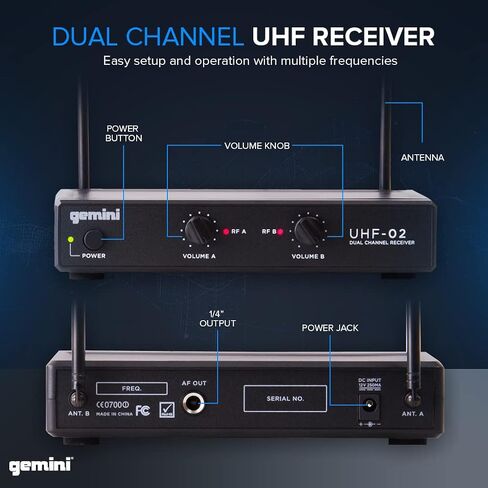 Gemini UHF Wireless Microphone Bundle – Professional Handheld & Lapel Mics, Dual-Channel Receiver, Long Range for Live Performance & Presentations (Hand Held Frequencies 3 + 4) in Kuwait