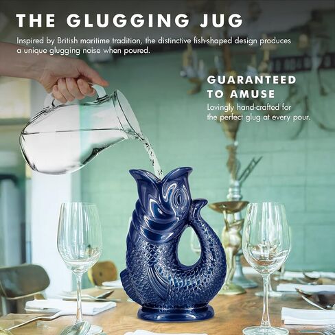 Gurgle Glug Jug The Bubble Jug® Dark Cobalt Blue 50 fl oz 1.5L Litre Extra Large Pitcher - Fish Shaped Jug - Decorative Ceramic Glugging Cocktail, Water and Gin Vase and Gurgling Carafe Pot in Saudi Arabia