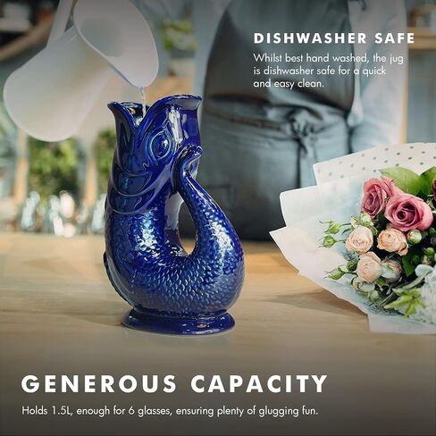 Gurgle Glug Jug The Bubble Jug® Dark Cobalt Blue 50 fl oz 1.5L Litre Extra Large Pitcher - Fish Shaped Jug - Decorative Ceramic Glugging Cocktail, Water and Gin Vase and Gurgling Carafe Pot in Saudi Arabia