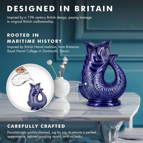 Gurgle Glug Jug The Bubble Jug® Dark Cobalt Blue 50 fl oz 1.5L Litre Extra Large Pitcher - Fish Shaped Jug - Decorative Ceramic Glugging Cocktail, Water and Gin Vase and Gurgling Carafe Pot in Saudi Arabia