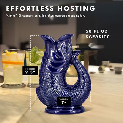 Gurgle Glug Jug The Bubble Jug® Dark Cobalt Blue 50 fl oz 1.5L Litre Extra Large Pitcher - Fish Shaped Jug - Decorative Ceramic Glugging Cocktail, Water and Gin Vase and Gurgling Carafe Pot in Saudi Arabia