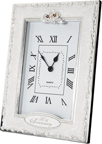 Happy Homewares Traditional 25th Anniversary Clock in White Epoxy with Silver Plated Roses and Clear Diamante Crystals | Quartz Technology in Kuwait