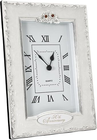 Happy Homewares Traditional 25th Anniversary Clock in White Epoxy with Silver Plated Roses and Clear Diamante Crystals | Quartz Technology in Kuwait