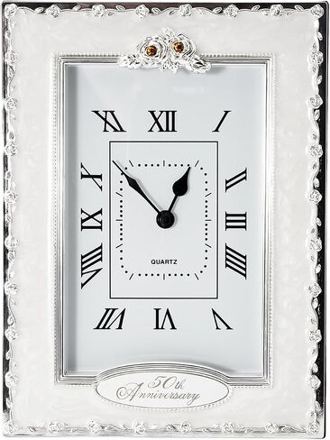 Happy Homewares Traditional 25th Anniversary Clock in White Epoxy with Silver Plated Roses and Clear Diamante Crystals | Quartz Technology in Kuwait