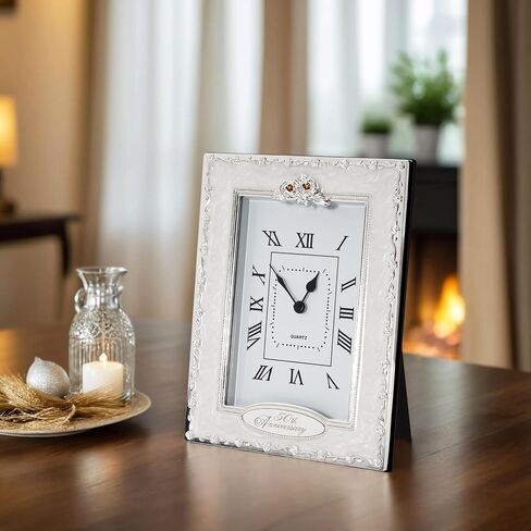 Happy Homewares Traditional 25th Anniversary Clock in White Epoxy with Silver Plated Roses and Clear Diamante Crystals | Quartz Technology in Kuwait